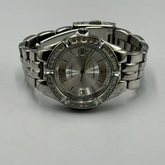 Guess Waterpro Watch Women Silver Tone Crystal Bezel Date Window 34MM Dial 6.25" - Picture 4 of 11